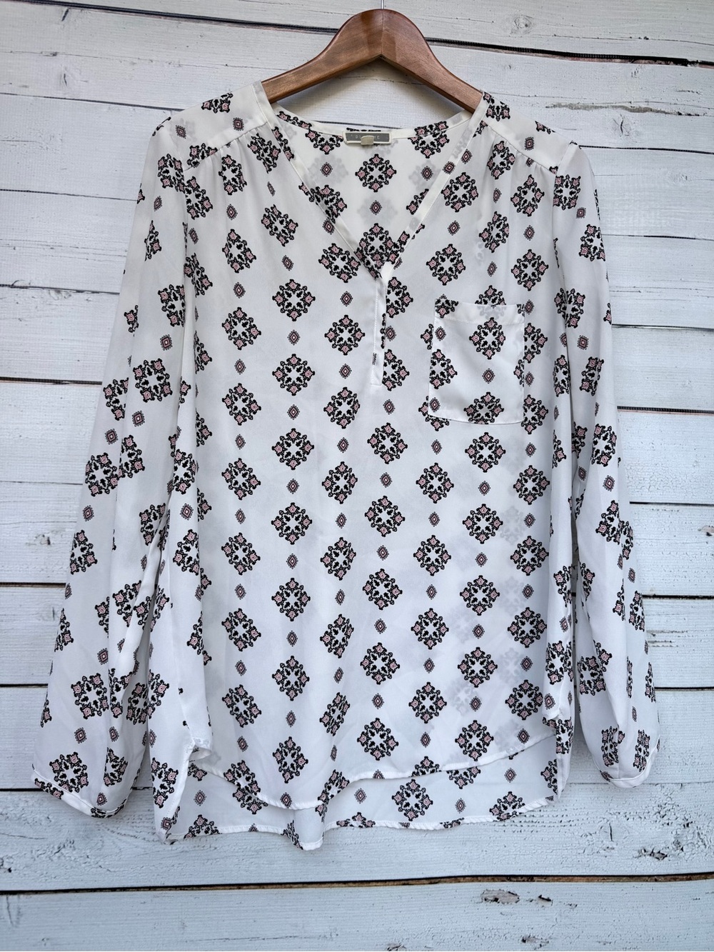 Pleione Medallion Tile Print Split Neck Blouse